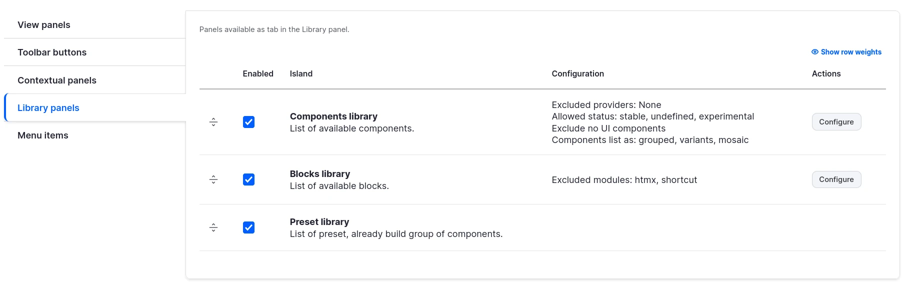 Menu island configuration